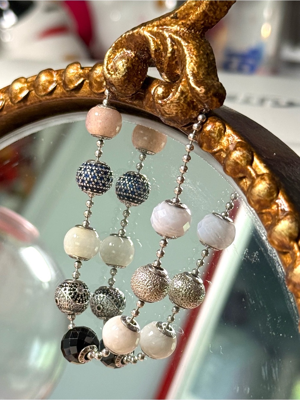 Pandora Pink, Black & Cream Beaded Silver Bracelet